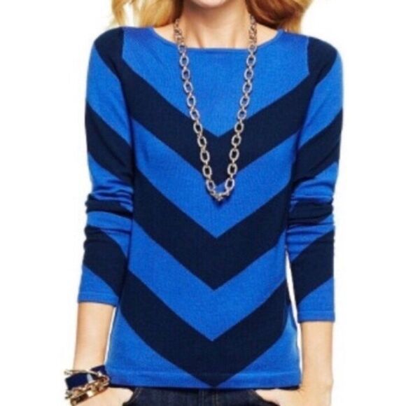 C.Wonder Blue Navy Blue Chevron Striped 100% Merino Wool Lightweight Sweater XS - Picture 8 of 8